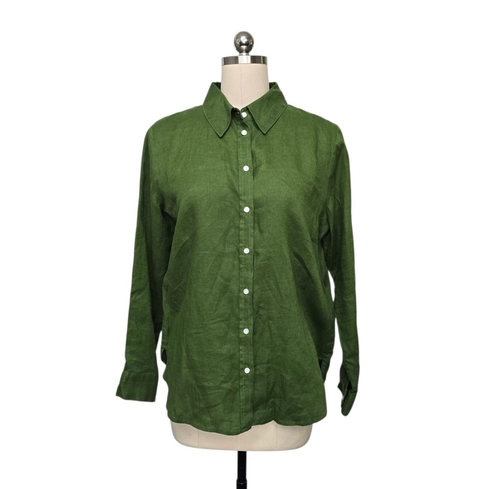 Banana Republic Women Green 100% Linen Long Sleeve Button Down Shirt Size Med